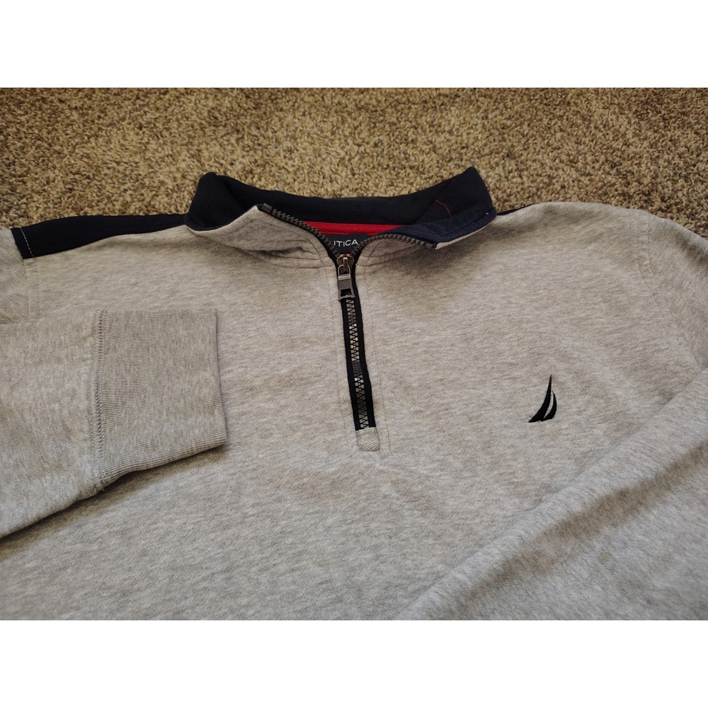 Nautica Mens Grey Navy Quarter Zip Pullover Sweatshirt Size L Logo Mock Neck